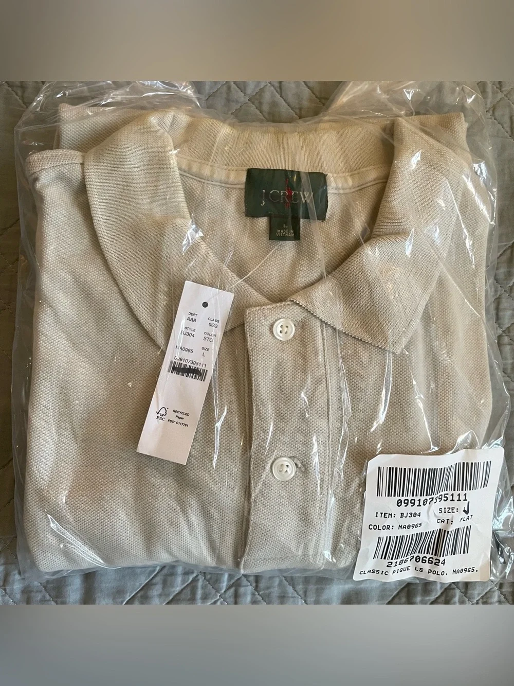 J. CREW Long-sleeve classic piqué polo shirt in Stone Size L NWD $89.50 BJ304